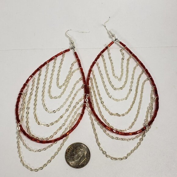 Women's Silver tone Dangling Chain - Red Beaded Big Hoop Fishhook Drop Earrings - Picture 6 of 6